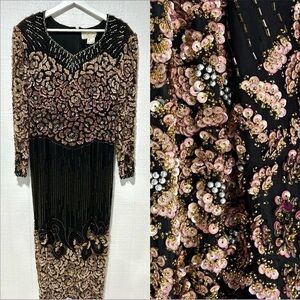 Landa silk vintage embellished beaded long sleeve formal gown size 14